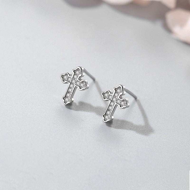 Silver Temperament Diamond Cross Earrings