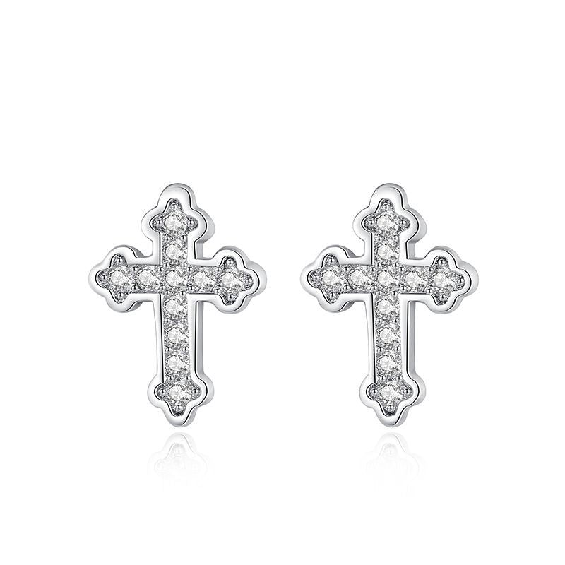 Silver Temperament Diamond Cross Earrings